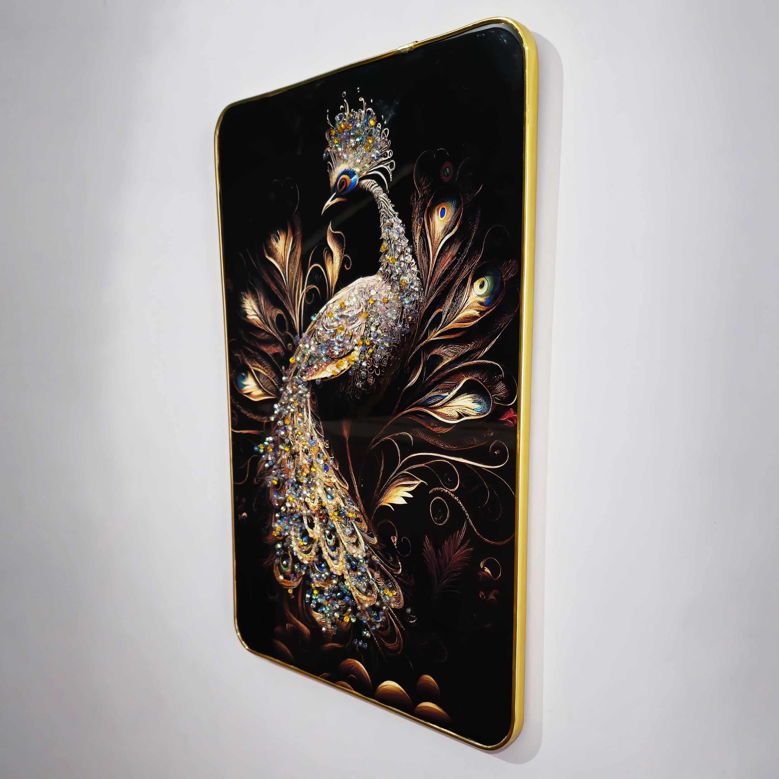 Masstone Decorative Peacock Wall Painting With Crystal Embedded High Gloss Surface Gold Slim Frame Embossed, 45X30 Cm Wall Hangi